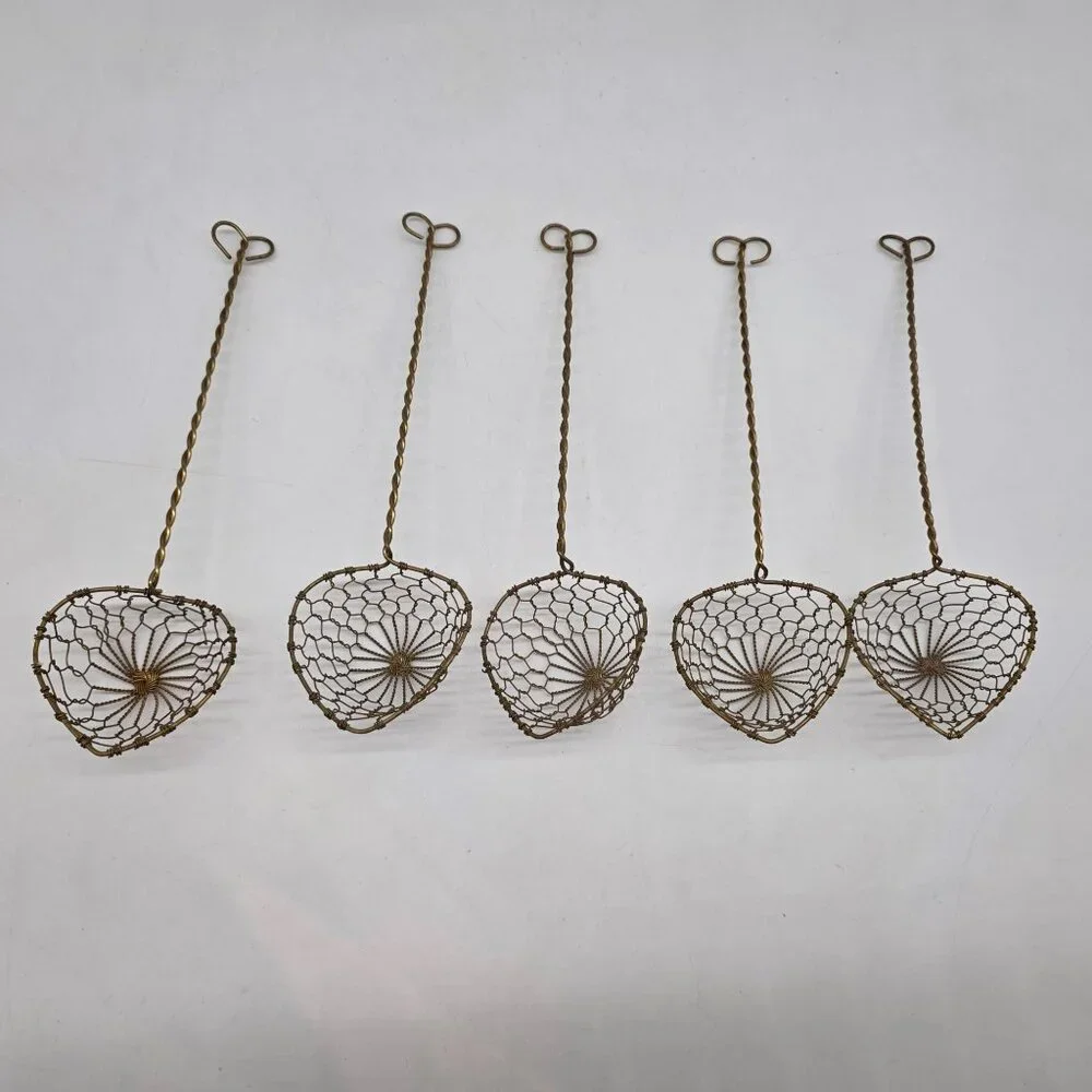 Set Of 5 Vintage Brass Wire Heart Shaped Colander Spoons Strainers 9" - Picture 2 of 8